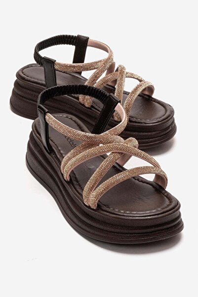 CCWAY AYAKKABI Women's Cross Stone Elastic Sandals Brown
