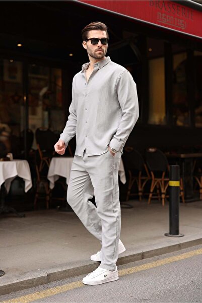Madmext Painted Gray Shirt and Trousers Men's Two-Piece Set E7322
