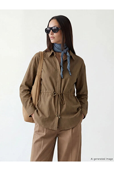 LC Waikiki Lcw Studio Brown Drawstring Waist Striped Women's Shirt Tunic Wome...