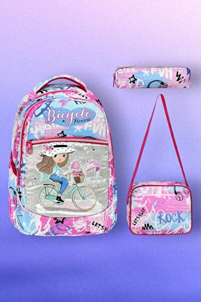 Tezzgelsin Girl's Bicycle Girl Patterned School Bag with Lunch and Pen Holder...