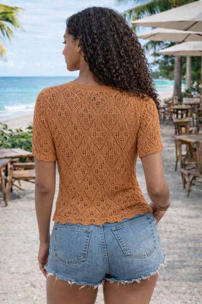 citystyle Kadın Kısa Kollu Düğmeli V Yaka Ajurlu Rahat Kesim Trend Camel Triko Hırka