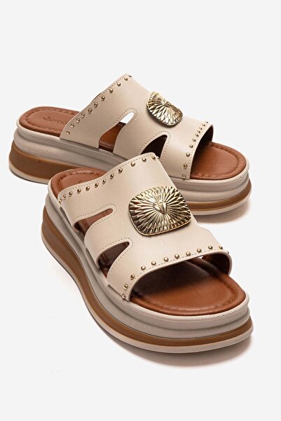 CCWAY AYAKKABI Women's Pin Big Single Buckled Slipper Beige