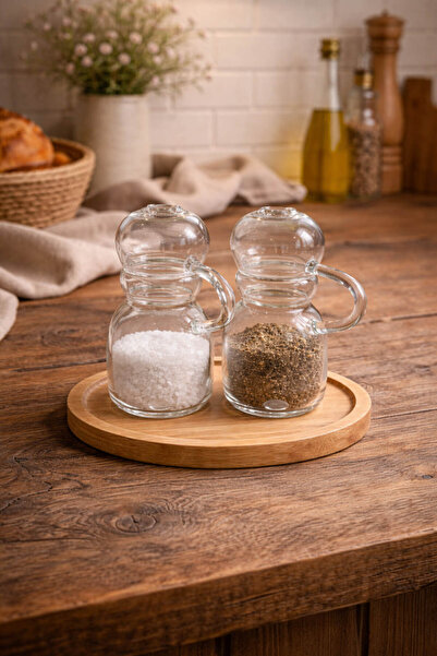 Anadolu Saray 2-Piece Glass Salt and Pepper Shaker Set with Wooden Stand Mode...