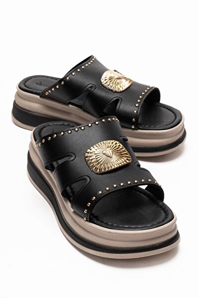 CCWAY AYAKKABI Women's Pin Big Single Buckled Slipper Black