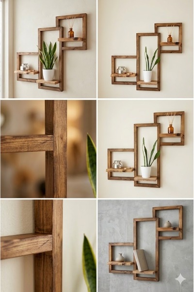 MİPOY Dekoratif Masif Ahşap 3'lü Duvar Rafı - Modern Kademeli Kitaplık ve Çiç...