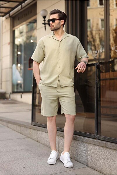 Madmext Mint Green 100% Cotton Piece Men's Shorts and Shirt Set E7360