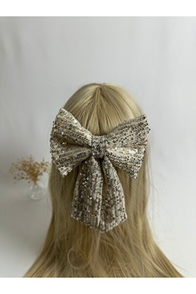 MegssStore مشبك أوتوماتيكي بفيونكة من الترتر باللون البيج