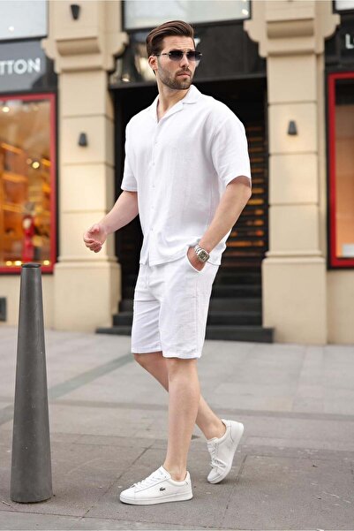 Madmext White 100% Cotton Piece Men's Shorts and Shirt Set E7360