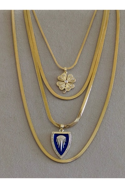 Çelik Women's Gold Color Multi-Layered Necklace with Evil Eye and Clover Deta...