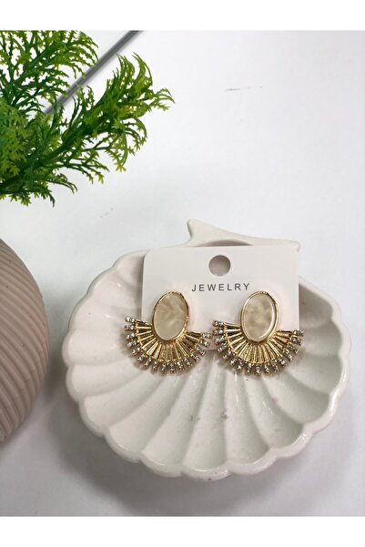 VLDORO Gold Çerçeveli Krem Dokulu Işıltılı Yelpaze Küpe