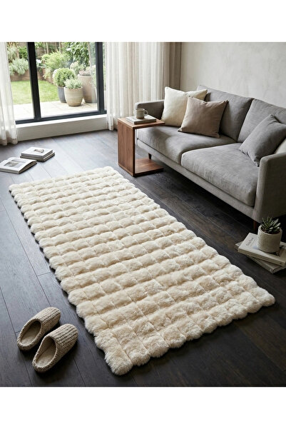 Home Carpet Dekor İthal Bubble Yumuşak Suni Tavşan Tüyü Halı Krem