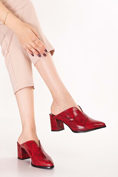 Gondol Women's Genuine Leather Mid Boots Heeled Slipper Şhn.116 Red Snake