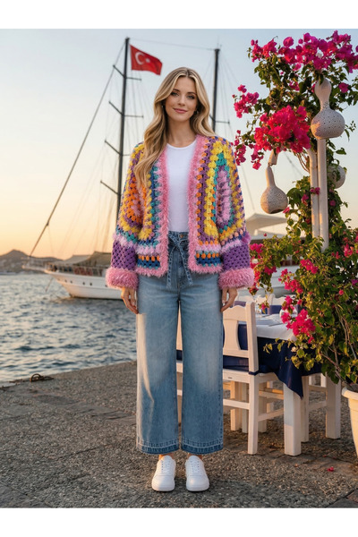 Tanem Çarşı Women's Cardigan Short Colorful Hand Knitted Set of Cotton (61cm ...