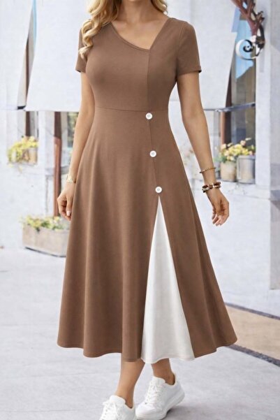 Femella Women Fashion Women's Short Sleeve Asymmetrical Collar Button Detaile...