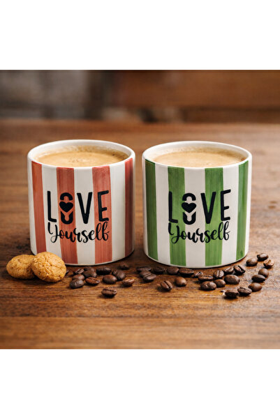 ARVALE Set of 2 Ceramic Coffee Cups – Modern Green-Red Striped Cups