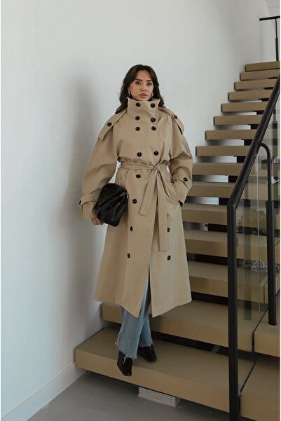 BRTC design Women's Camel Premium Full Button Front Belted Stand-Up Collar Tr...