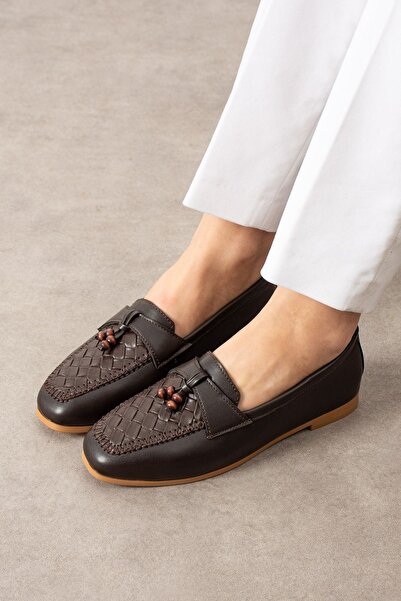 FUGA MODA Novera Brown Knitted Stitched Beaded Με φούντες μοκασίνια Μπαλαρίνα...