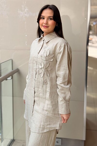 FUAT GÜRSEN Fuat Gürşen Kabartma Çiçek Desenli Uzun Keten Gömlek