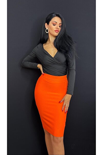 Diva Exclusive Fashion Fustă Bandage Midi Portocaliu Neon, Talie Înaltă, Elas...