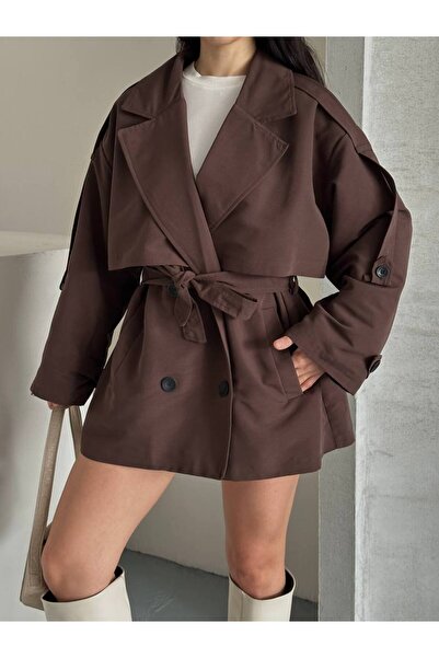 zoezoe KADIN KRUVAZE BAĞLAMALI RÜZGARLIK DETAYLI KISA TRENÇKOT CEKET