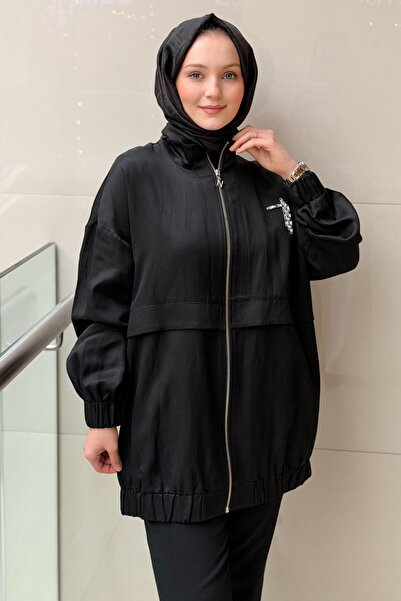 Nuss Dik Yaka Baget Taş Detaylı Fermuarlı Kap