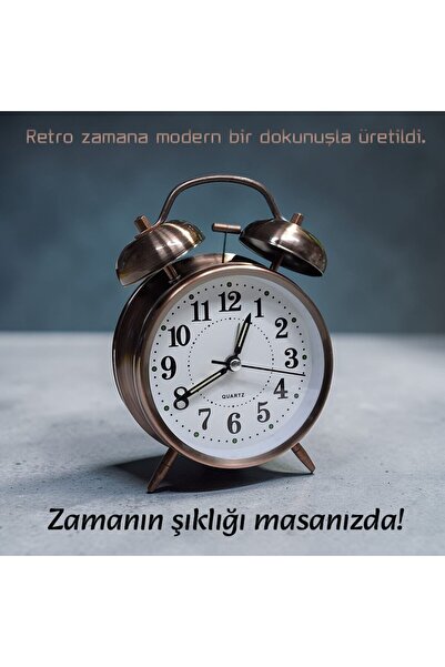 UpWay Retro Tarz Bakır Masa Saati – Büyük Boy Çanlı Tokmaklı Işıklı Metal Kasalı