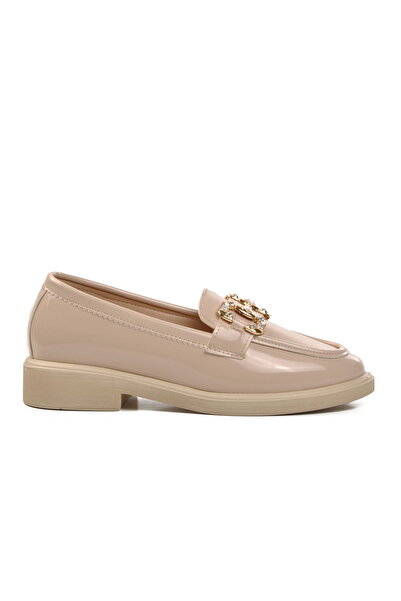 Aspor Beige Patent Leather Women's Casual Loafer Shoes