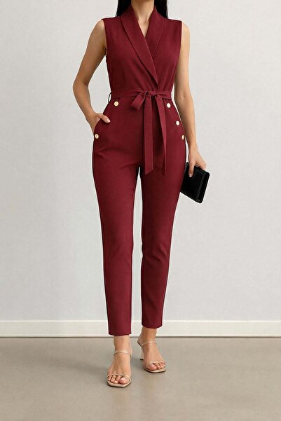 Deafox Burgundy Gold Buttoned Crepe Fabric Self Belted Jumpsuit