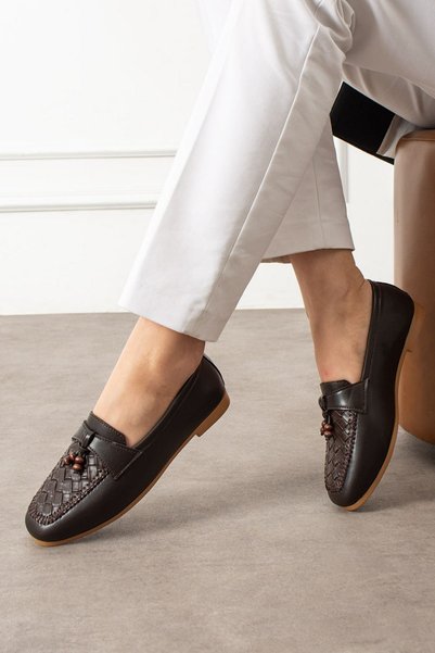FUGA MODA Novera Brown Knitted Stitched Beaded Tasseled Loafers Ballet Flats Casual Shoes