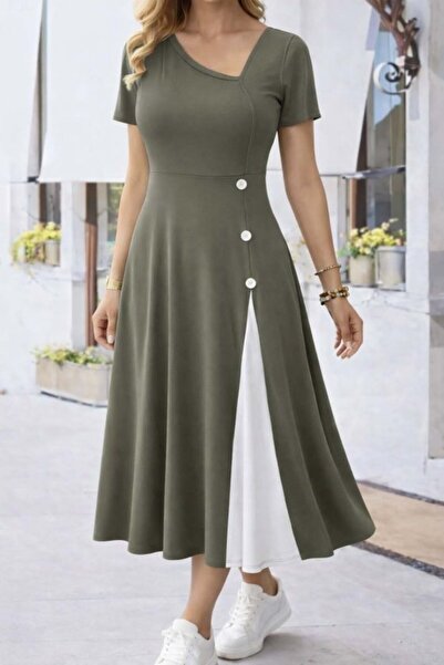 civetta Women's Short Sleeve Asymmetrical Collar Button Detailed Midi Viscose...