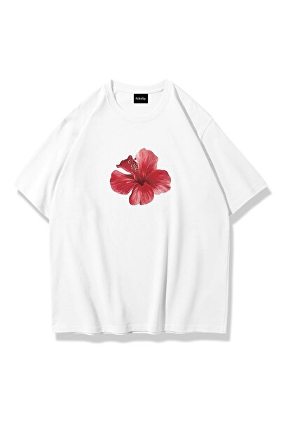 Rokeby Women's Crew Neck Printed Cotton Oversized White T-Shirt with Round Collar