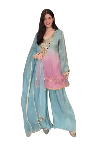 MYSMAR حرير كاميز وسلوار ودوباتا من كريب الأزرق والوردي - HRT5390 - أزرق ووردي