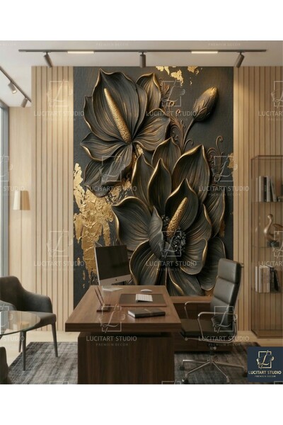 LucitART 3D Görünümlü Antrasit Altın Varaklı Çiçek Desenli Kanvas Tablo - Mod...