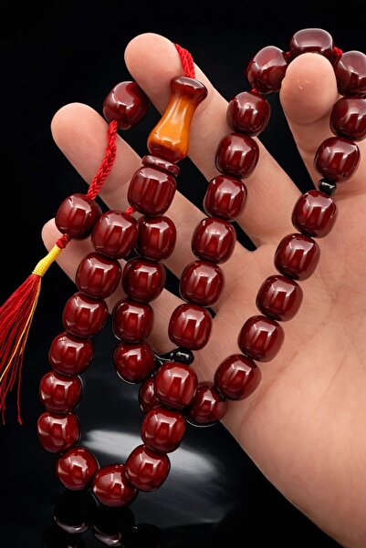Cemhan Göksal Crimped Amber Prayer Beads Dark Burgundy 13X13 mm Special Cut O...