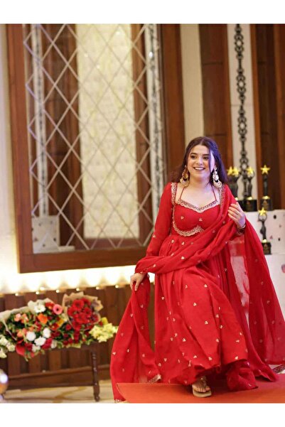 VBT RED EMBROIDERED FOX GEORGETTE ANARKALI DRESS