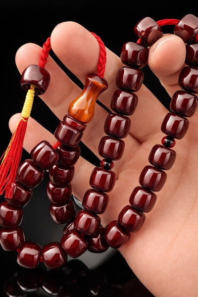 Cemhan Göksal Crimped Amber Prayer Beads Dark Burgundy 12X11 mm Special Cut O...
