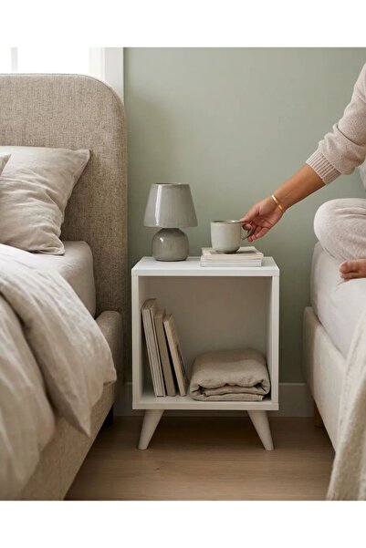 Projemob Miramob Modern Tasarım Ayaklı Tek Bölmeli Başucu Sehpası Komodin Beyaz