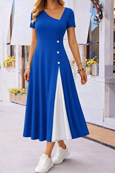 civetta Women's Short Sleeve Asymmetrical Collar Button Detailed Midi Viscose...