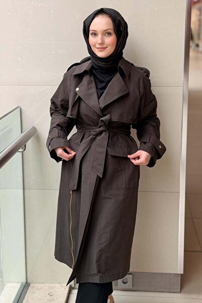 Nuss Kruvaze Yaka Cep Ve Fernuar Detaylı Önü Açık Kuşaklı Kap