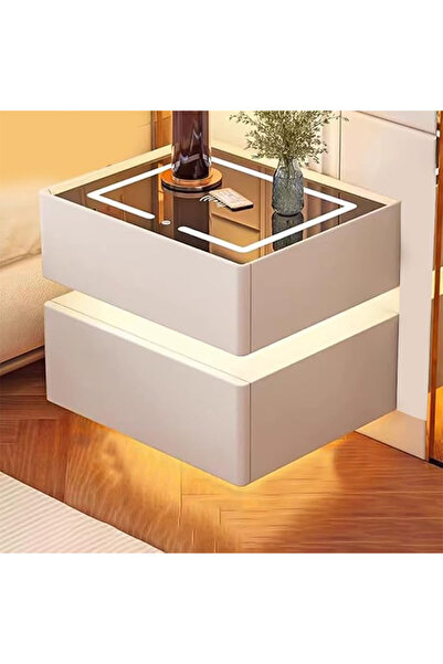 KEKE Modern Bedside Nightstand Table with LED Mirror, Sensor Light, Wireless ...