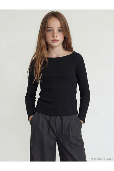 LC Waikiki LCW Kids Siyah Kayık Yaka Kız Çocuk Fitilli Tişört