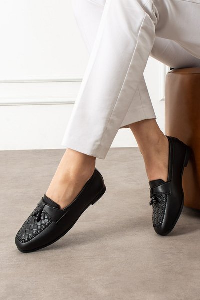 FUGA MODA Novera Black Knitted Stitched Saddler Beaded Tasseled Loafers Ballet Flats Casual Shoes