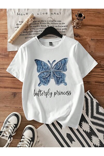 PENTHİLUS Attitoon Women's Blue Butterfly Appliqué White Crew Neck Short Slee...