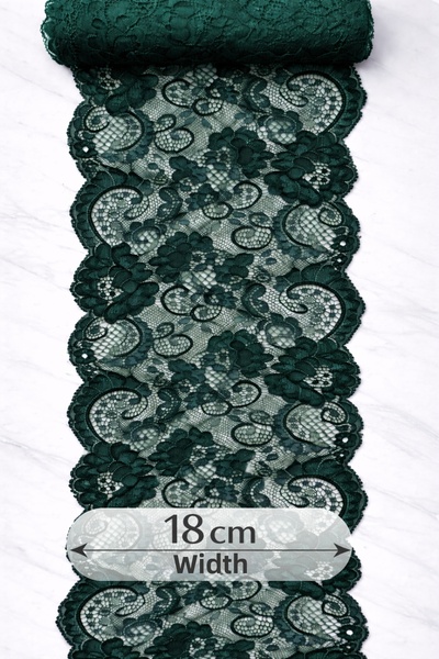 Ak Tuhafiye Stretch Fabric Lace 18 cm Width – Emerald Green – 5 Meters Stretchy Lace Fabric