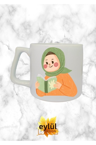 Eylül Design كوب سيراميك فاخر مطبوع بتصميم خاص على شكل فتاة محجبة هدية عيد ميلاد