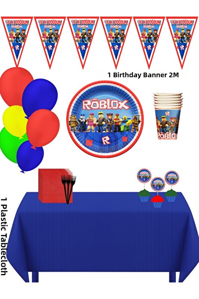 HAPPYLOOPPARTY مجموعة زينة حفلات أعياد الميلاد بتصميم روبلوكس تتسع لـ 40 شخصًا