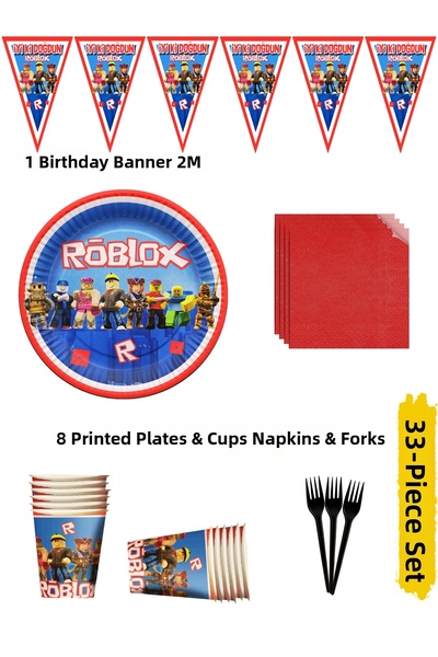 HAPPYLOOPPARTY مجموعة أدوات حفلات أعياد الميلاد بتصميم روبلوك: أطباق وأكواب و...