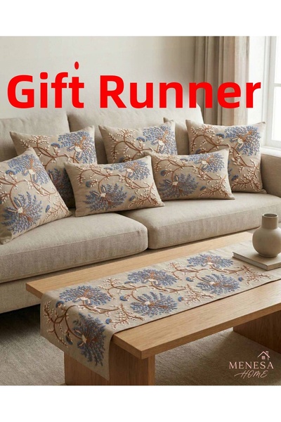 menesahome مجموعة Punch Embroidery Look Blue Botanical منقوش طباعة رقمية مكون...