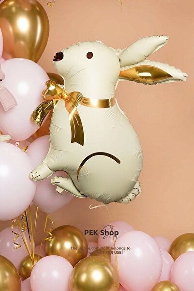 PEKSHOP Cream Rabbit Foil Balloon with Gold Bow