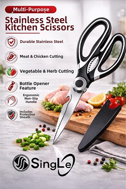 Single مقص مطبخ فاخر من الفولاذ متعدد الاستخدامات مع حافظة تخزين